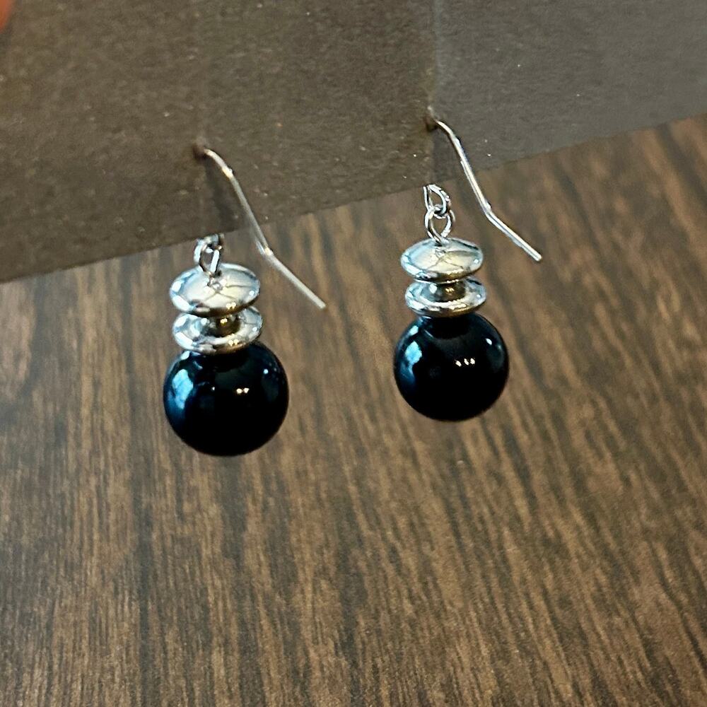 Vintage Black Onyx Style Bead Drop Earrings Silver Tone